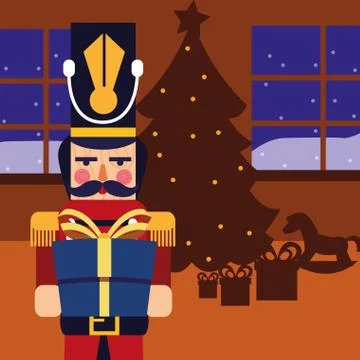Christmas nutcracker holding gift box with tree イラスト素材