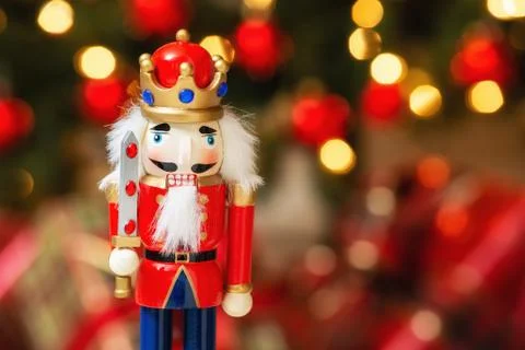 Christmas nutcracker with holiday bokeh background Foto stock