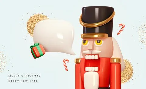 Christmas Nutcracker Soldier with dialogue bubble clear text. Realistic 3d .. Stock Illustration