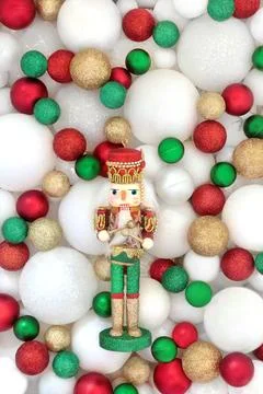 Christmas Nutcracker with Tree Bauble Decorations Background Stock Illustration