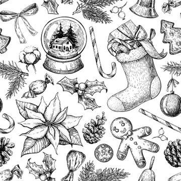 Christmas object seamless pattern. Hand drawn vector background. Stock Illustration