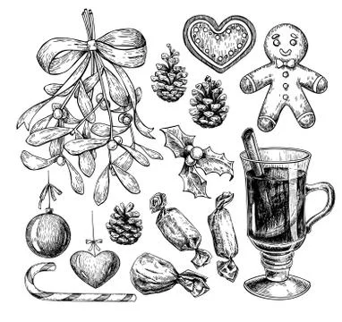 Christmas object set. Hand drawn vector illustration. Xmas icons Illustrazione stock