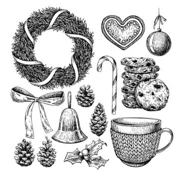 Christmas object set. Hand drawn vector illustration. Xmas icons 스톡 일러스트