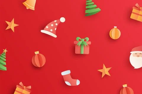 Christmas with objects and element in paper art style on red background. Illustrazione stock