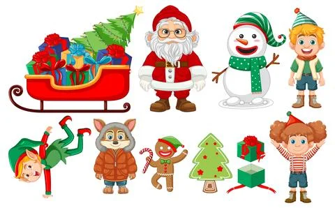 Christmas Objects and Elements: Elf, Santa, Gingerbread, Gift, and Snowman 스톡 일러스트