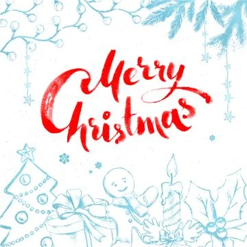 Christmas objects and lettering on white background Stock Illustration