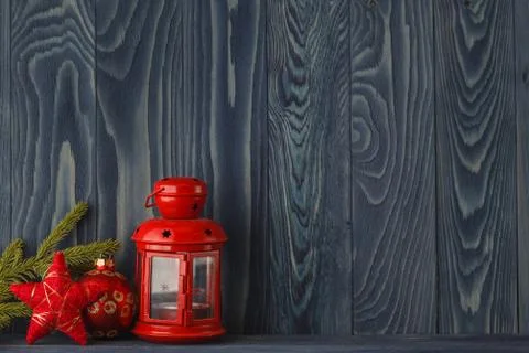 Christmas objects on blue wooden table with copy space. Christmas background Stock-Fotos