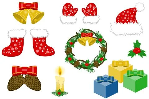 Christmas objects  - boots, mittens, hat, wreath, cones, candle, gifts Stock Illustration