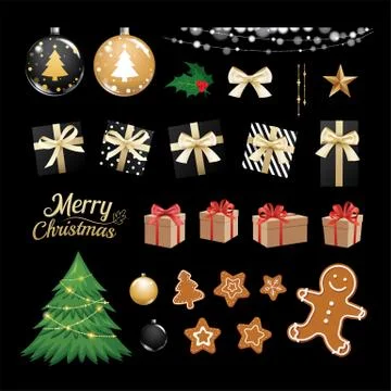 Christmas objects collection set gifts and decorative ornaments background. Stock Illustration