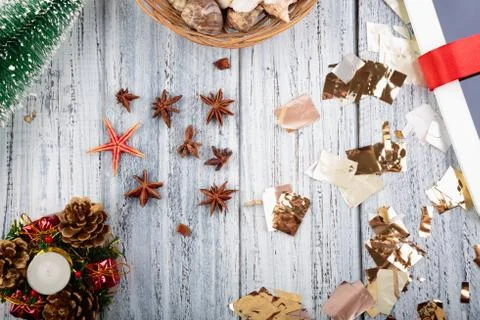 Christmas objects cones, christmas tree, candle, star, gift wraped with a red Stock Photos