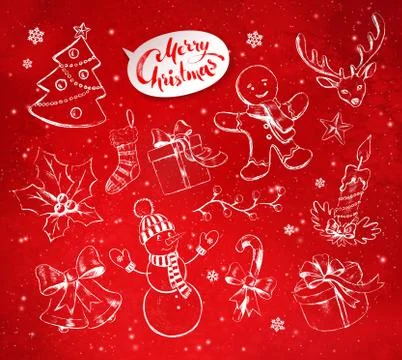 Christmas objects on festive red background Illustrazione stock