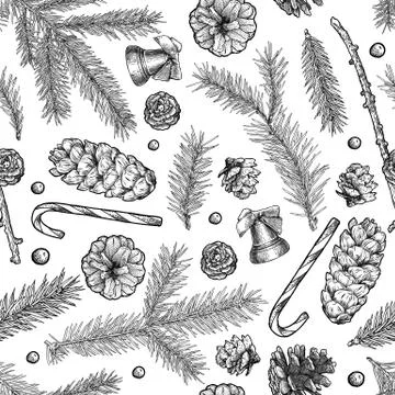 Christmas objects hand drawn seamless pattern isolated on white Stock Illustration