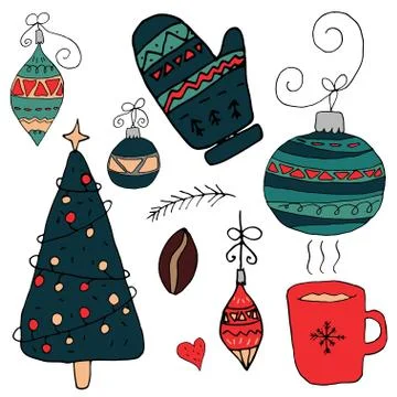 Christmas objects in hand drawn style isolated on a white background. Stock Illustration