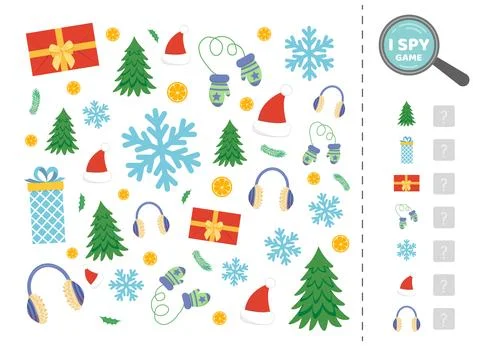 Christmas objects in I spy game for kids. Search and count how many. Math game Stockillustratie