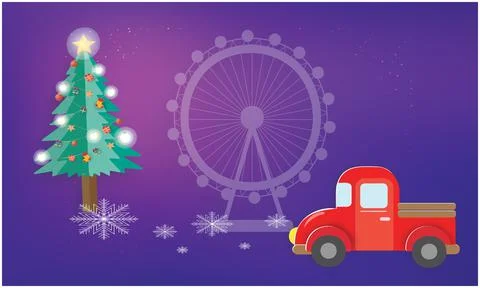 Christmas objects with a red car and beautiful tree on abstract background Illustrazione stock