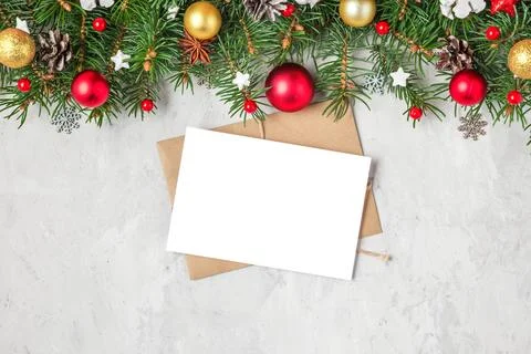 Christmas or Happy New Year greeting card with fir tree branches, red and g.. Stock Photos