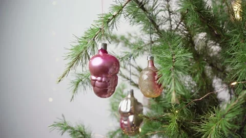 Christmas or New Year composition with festive fir-tree, vintage glass balls and Stock Footage 162137219