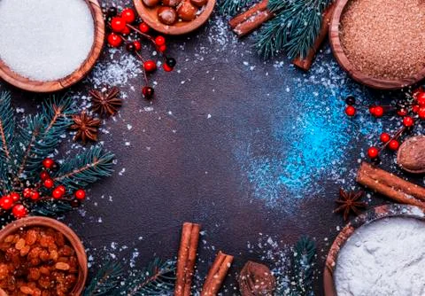 Christmas or New Year composition with ingredients for baking or with golden Stock Photos