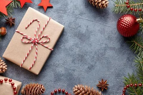 Christmas or New Year holiday present Xmas wrapped ribbon handmade gift box Stock Photos