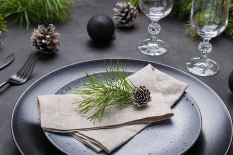 Christmas or New Year table setting. Place setting for Christmas Dinner. Stock Photos