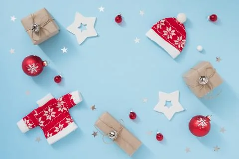 Christmas or winter composition with envelope and decorations on pastel blue Stock Photos