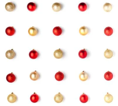 Christmas or winter composition. Pattern made of red and golden balls on whit Foto stock