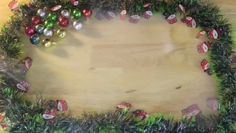 Christmas Ornament Border Frame Empty Wood Background Stock Footage 345292319