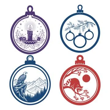 Christmas Ornament Bundle Candle Eagle Raccoon And Baubles Vector Illustratio Stock Illustration
