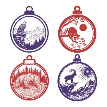Christmas Ornament Bundle Eagle Bear Raccoon Goat Nature Scene Vector Illus.. Stock Illustration