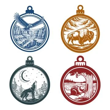 Christmas Ornament Bundle Eagle Bison Coyote Beaver Nature Scene Vector Ill.. Stock Illustration