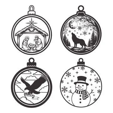 Christmas Ornament Bundle Nativity Wolf Eagle Snowman Silhouette Vector Ill.. Stock Illustration