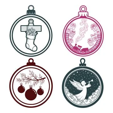 Christmas Ornament Bundle Stocking Train Angel Baubles Vector Illustration Stock Illustration