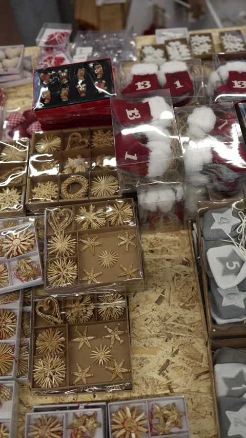 Christmas ornament gift sets on store table Stock Footage 324760704
