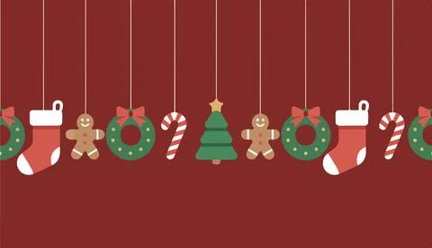 Christmas ornaments hanging on a red background art Stock Illustration