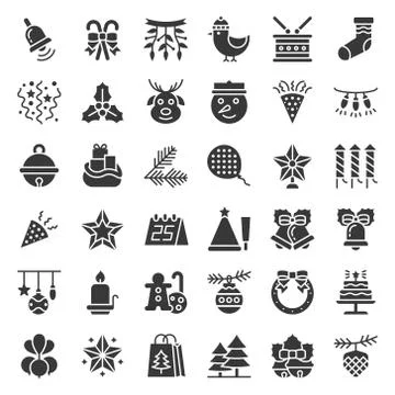 Christmas ornaments icon set, solid glyphs design material Stockillustratie