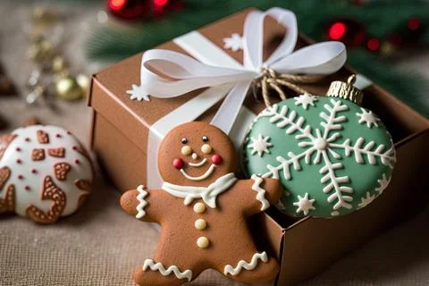 Christmas ornaments with a present box and a gingerbread guy. Generative AI Stock Illustration