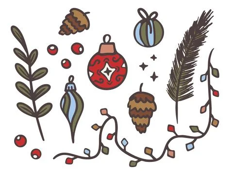 Christmas ornaments set vector illustration. Vintage holiday baubles with pine Stock Illustration
