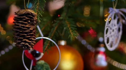 Christmas ornaments on the tree. Christmas tree close up. Vidéo 71037616