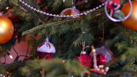 Christmas ornaments on the tree. Christmas tree close up. Stock Footage 71038151