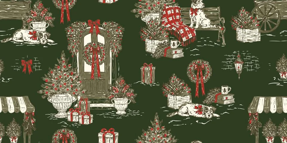 Christmas Panoramic Toile Seamless Pattern Vector Stock Illustration