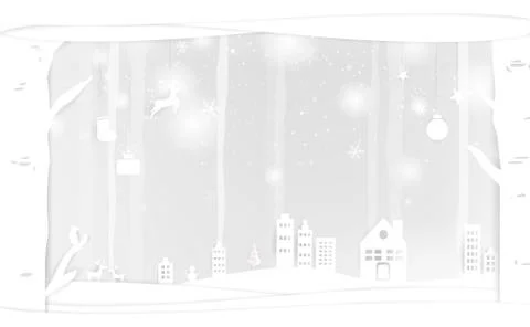 Christmas, paper art, snow falling, white winter in the cityscape celebration Stock Illustration