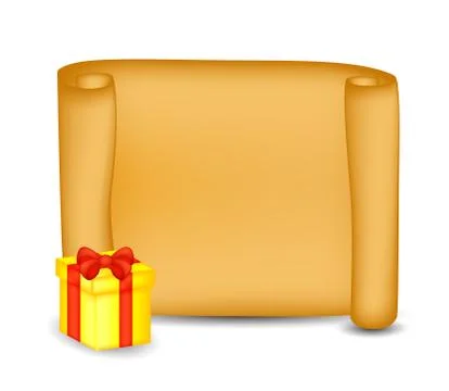 Christmas paper scroll card with present, gift, box. Vector illustration isol Stock Illustration