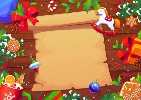 Christmas paper scroll with Xmas decorations Stock Illustration