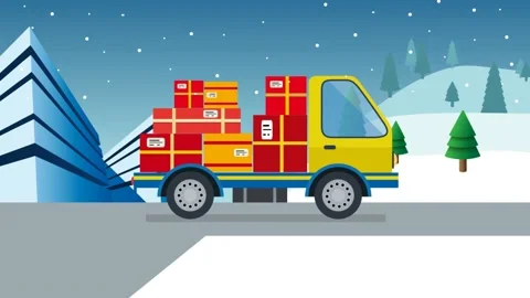 Christmas parcels and boxes loaded onto a truck in the yard in front of a dis Stock Footage 220911614