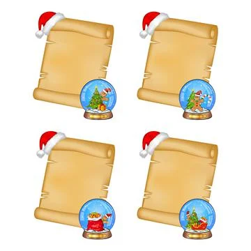 Christmas parchment set. Collection of empty paper scrolls for xmas poster. B Stock Illustration