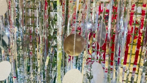 Christmas party backdrop, Shiny tinsel strands, Classic holiday decorations Stock Footage 314290352