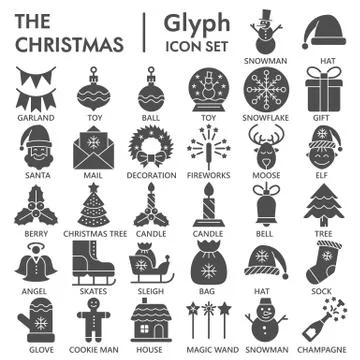 Christmas party celebration solid icon set, Happy New Year symbols collection or Stock Illustration