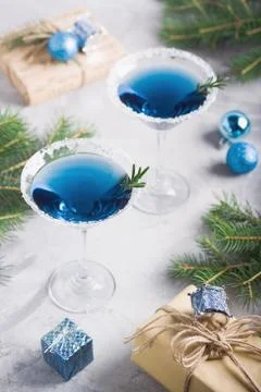 Christmas party composition with drinks in blue colors Stock Photos