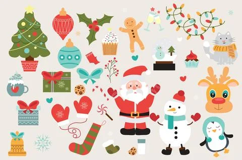 Christmas party cute set in flat cartoon design. Bundle of festive tree with Stock Illustration