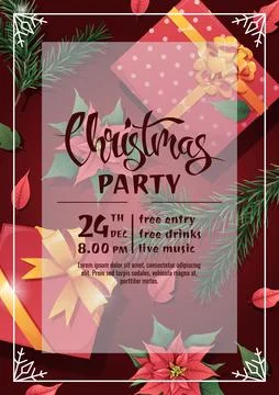 Christmas party invitation template design. Flyer, poster with gift box, fir  Stock Illustration